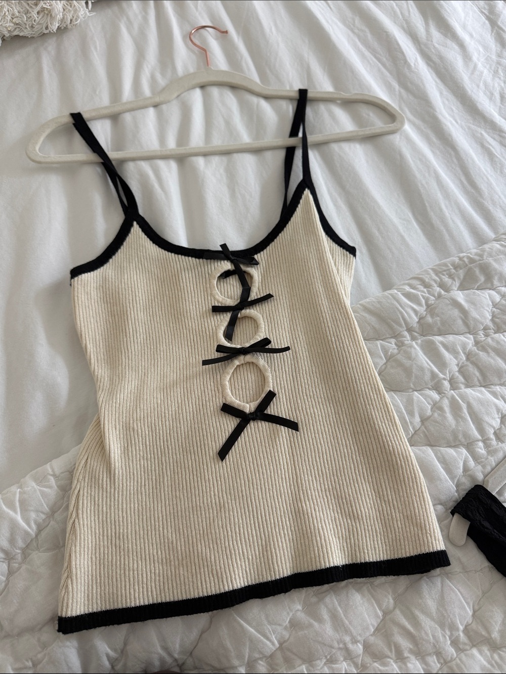 Lioness Cream Ribbed Camisole with Black Trim and Bow Ring Details